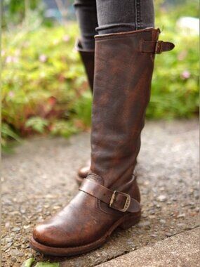 Frye Veronica Slouch Brown Leather Engineer Boots Size 9